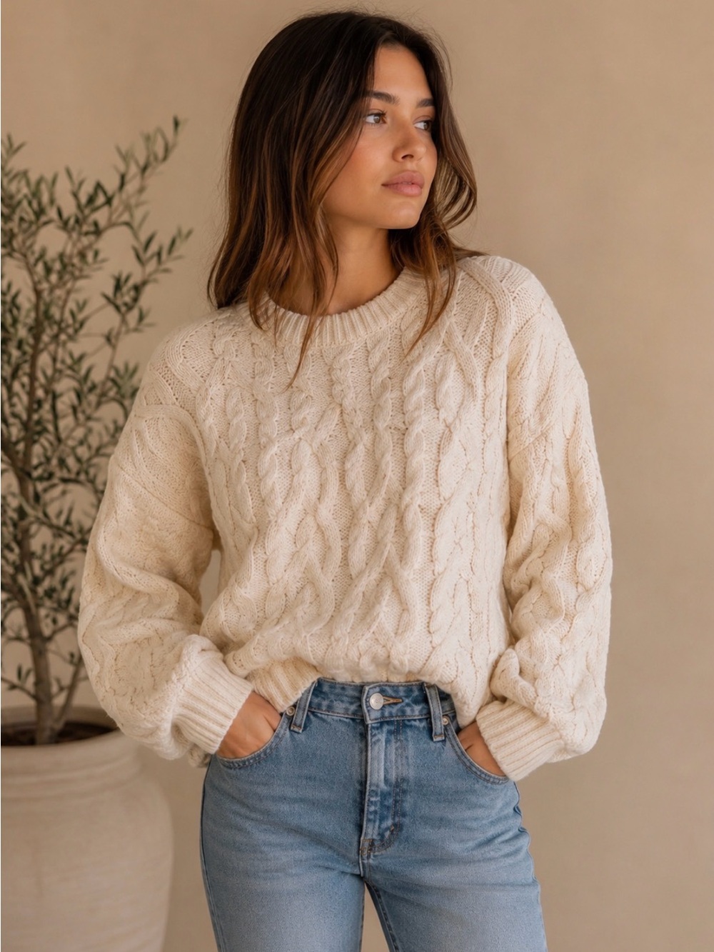 1.STATE Ivory Cable Knit Sweater XS Cream Cotton Blend Chunky Crewneck Knit